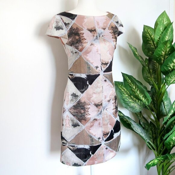 Vince Camuto Pink, Metallic & Black Cap Sleeve Jacquard Fit & Flare Mini Dress 2 - Picture 8 of 8